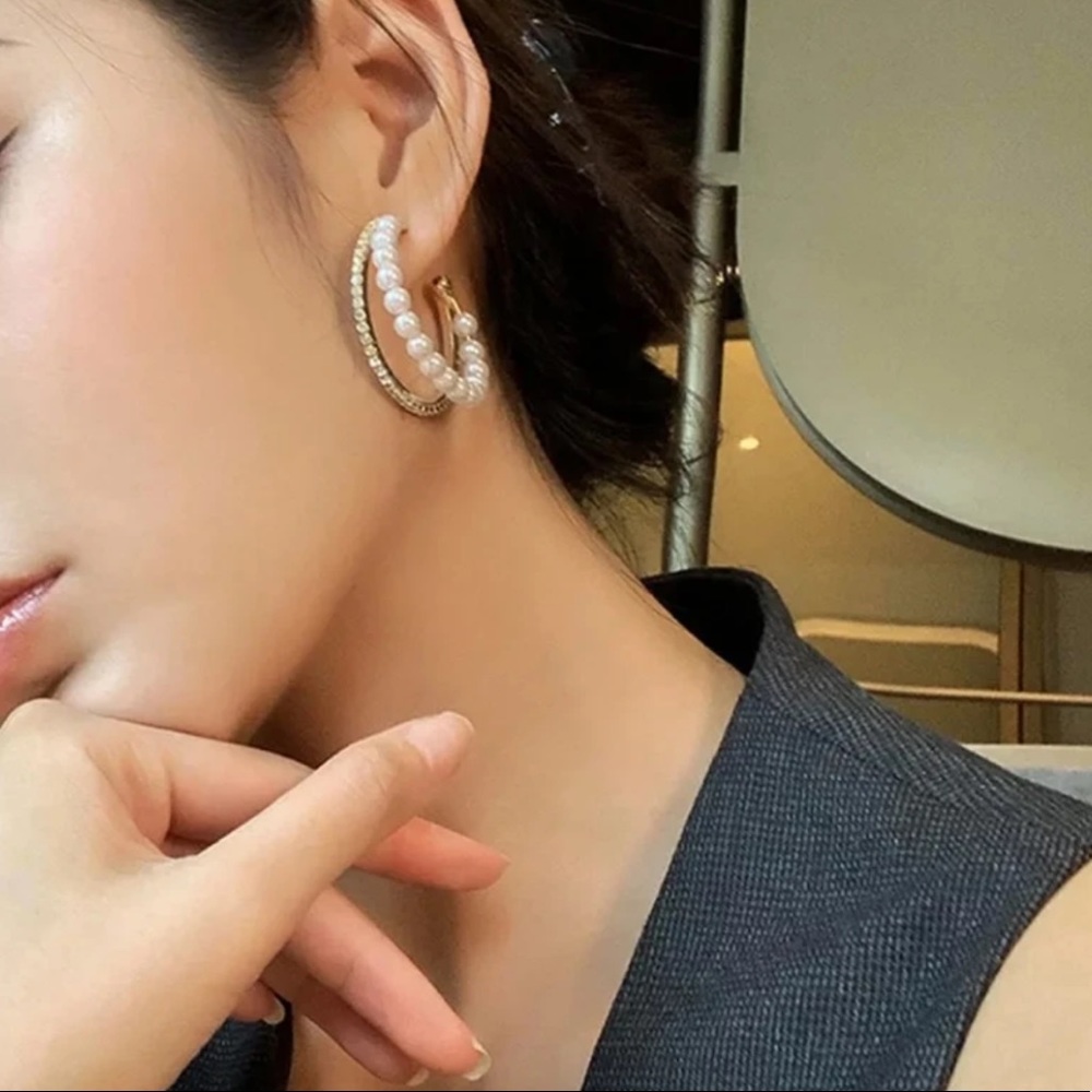 Diamond Pearl Hoop Rhinestone Earrings